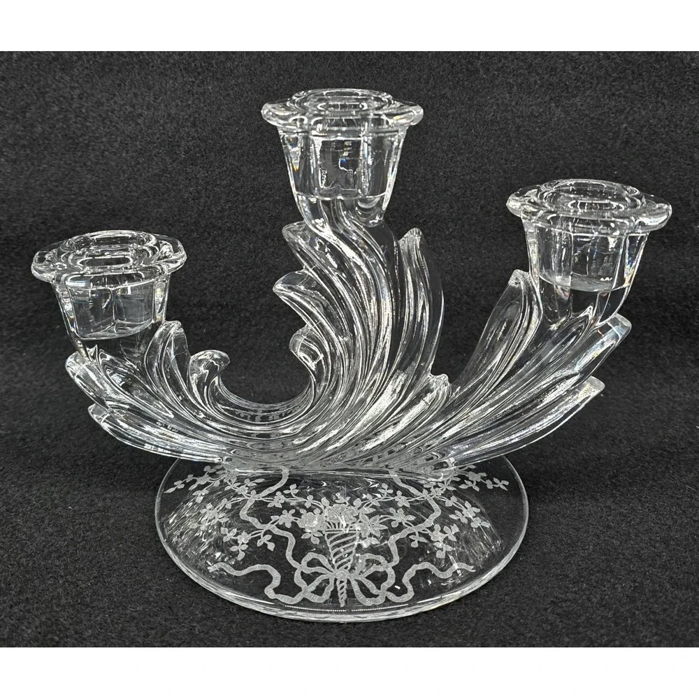 Vintage Fostoria Crystal Baroque Candlestick‎ Holder 3 Light w/ Arcady Etch 30s